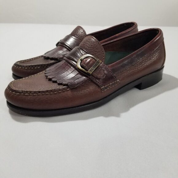 HS TRASK Kiltie Loafers Sz 10 M Brown Pebbled Leather Monk Strap Buckle Vibram - Picture 1 of 8